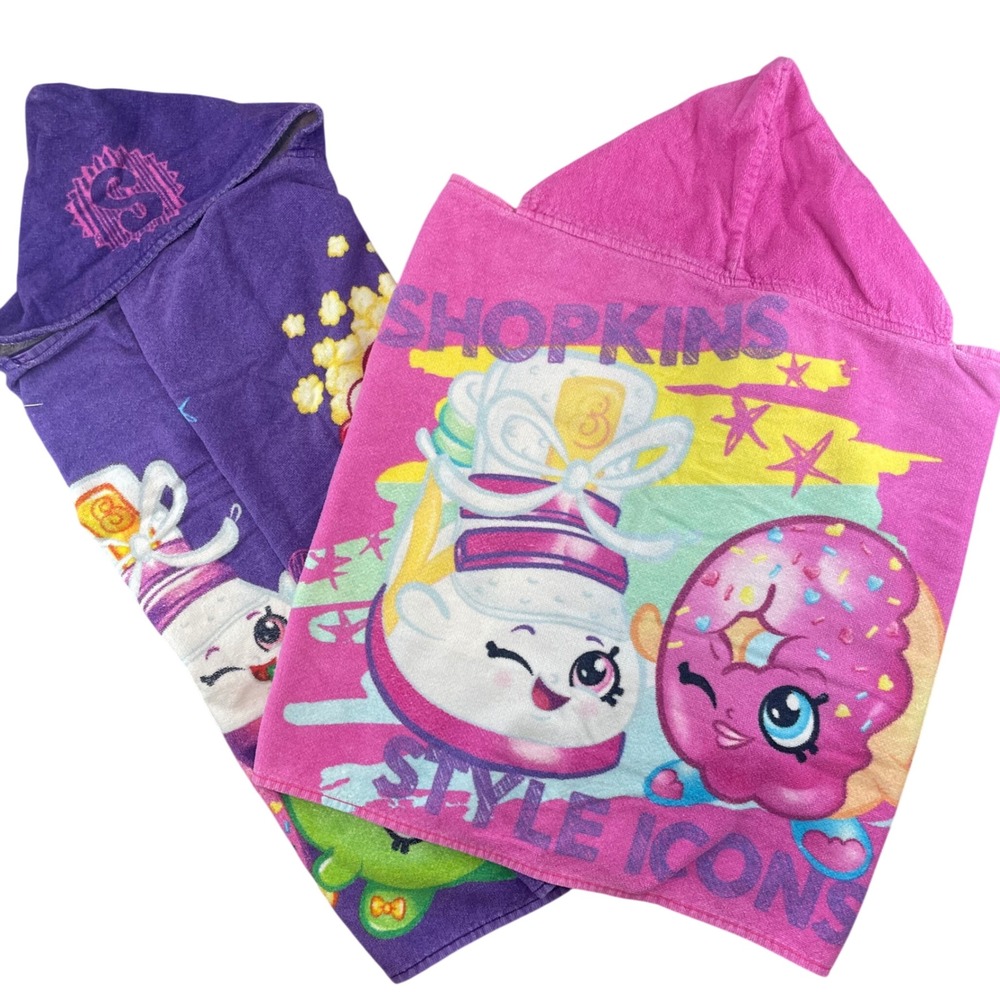 TWO Shopkins Style‎ Icons Hooded Kids Towels Poncho Pink Purple Beach Pool 2013